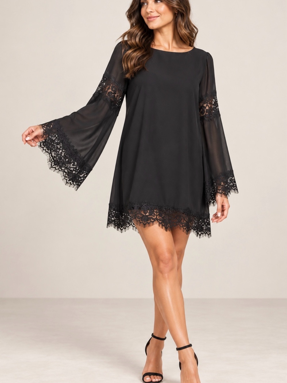 Want and Need Black Lace Bell Sleeve Mini Dress Size M